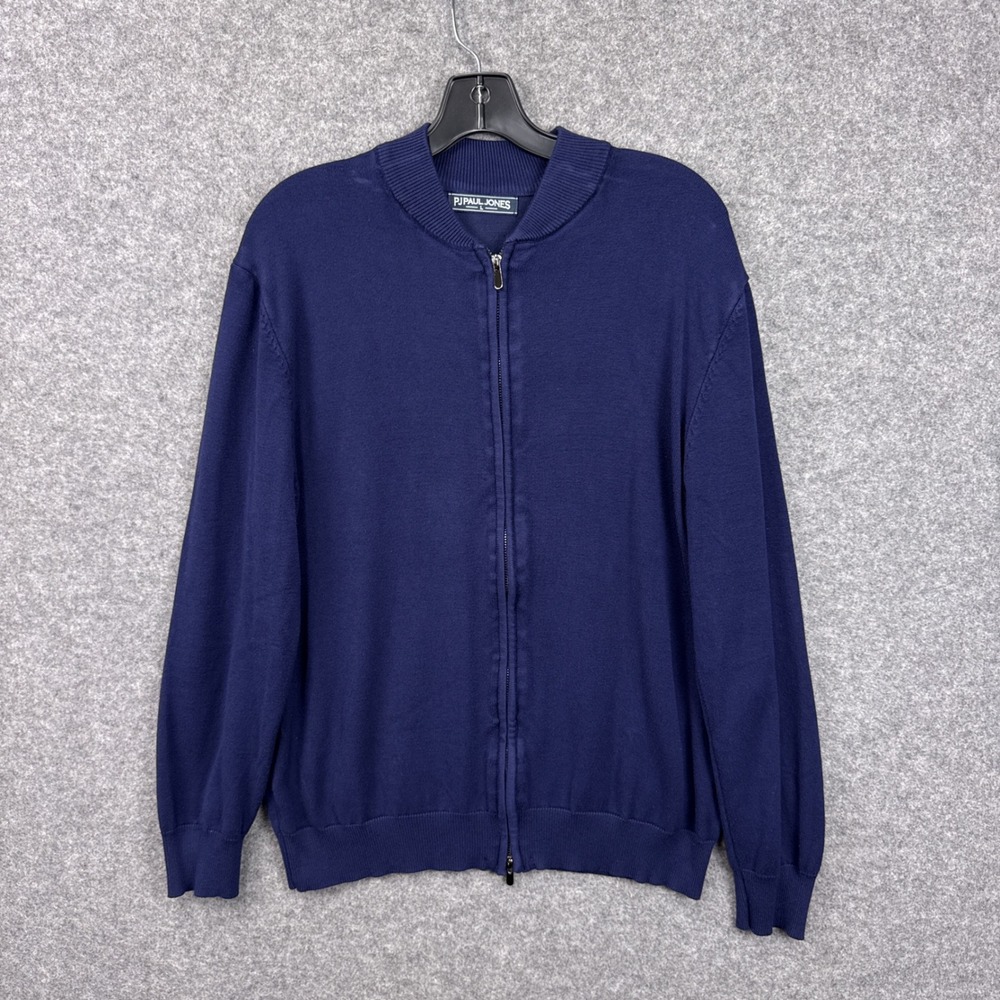 PJ Paul Jones Cardigan Sweater L Navy Blue Viscose Blend Full Zip Bomber Collar